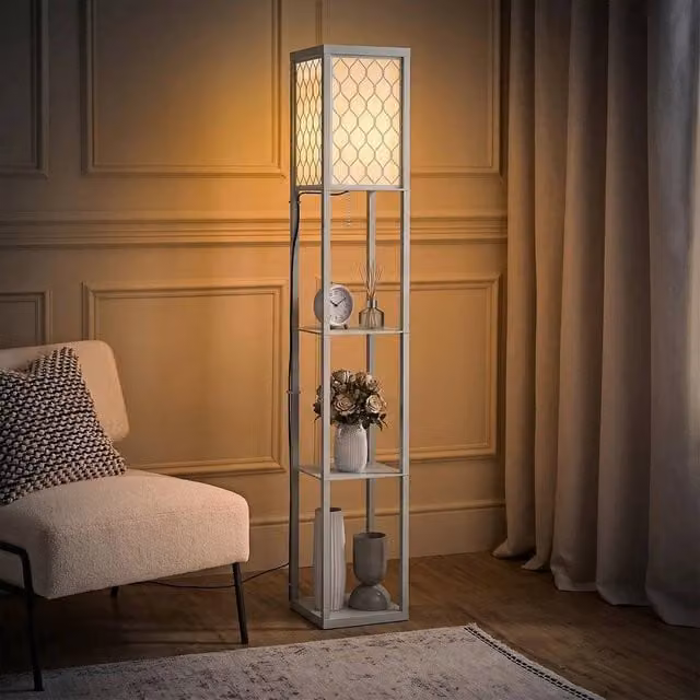 EONLION Modern Floor Lamp with Shelves and Grey Fabric Lampshade – 1