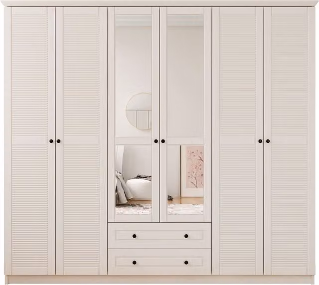 EVUHOME VOLET XL White 6 Door 2 Drawer Mirrored Wardrobe, H 210 cm x W 52 cm x D 52 cm