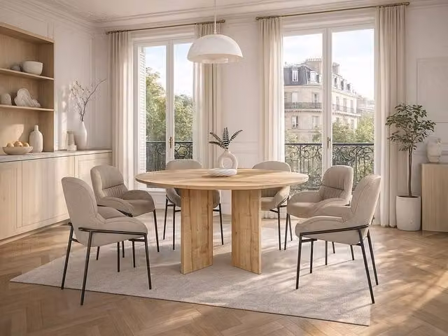 Vente-unique TOPANIA Round Dining Table for 6 in Light Oak Beige, Diameter: 138 cm, Height: 75 cm