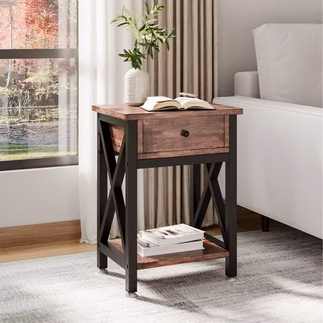 Komore Industrial Rectangular Wooden Side Table in Brown and Black