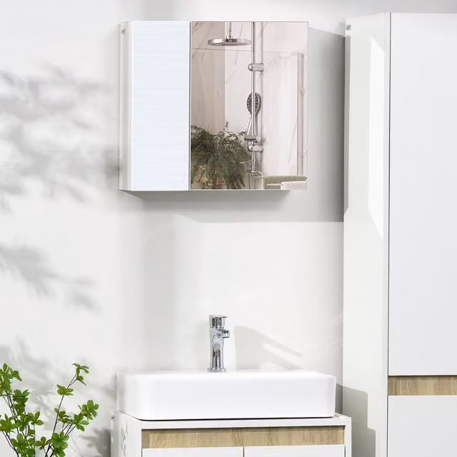 Kleankin White Modern Wall Mounted Bathroom Mirror Cabinet with Double Hinged Glass Doors and Internal Shelves
