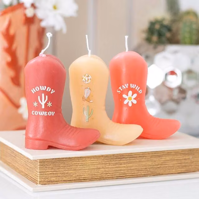 Uniqueful Set of 3 Pink and Multicolour Cowboy Boot Wax Candles
