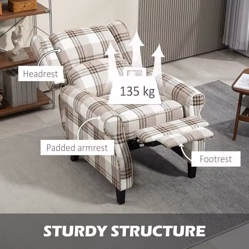 HOMCOM Rustic Brown Fabric Wingback Recliner Armchair with Integrated Pushback Mechanism, W/D/H: 88 x 77 x 102 cm – 4