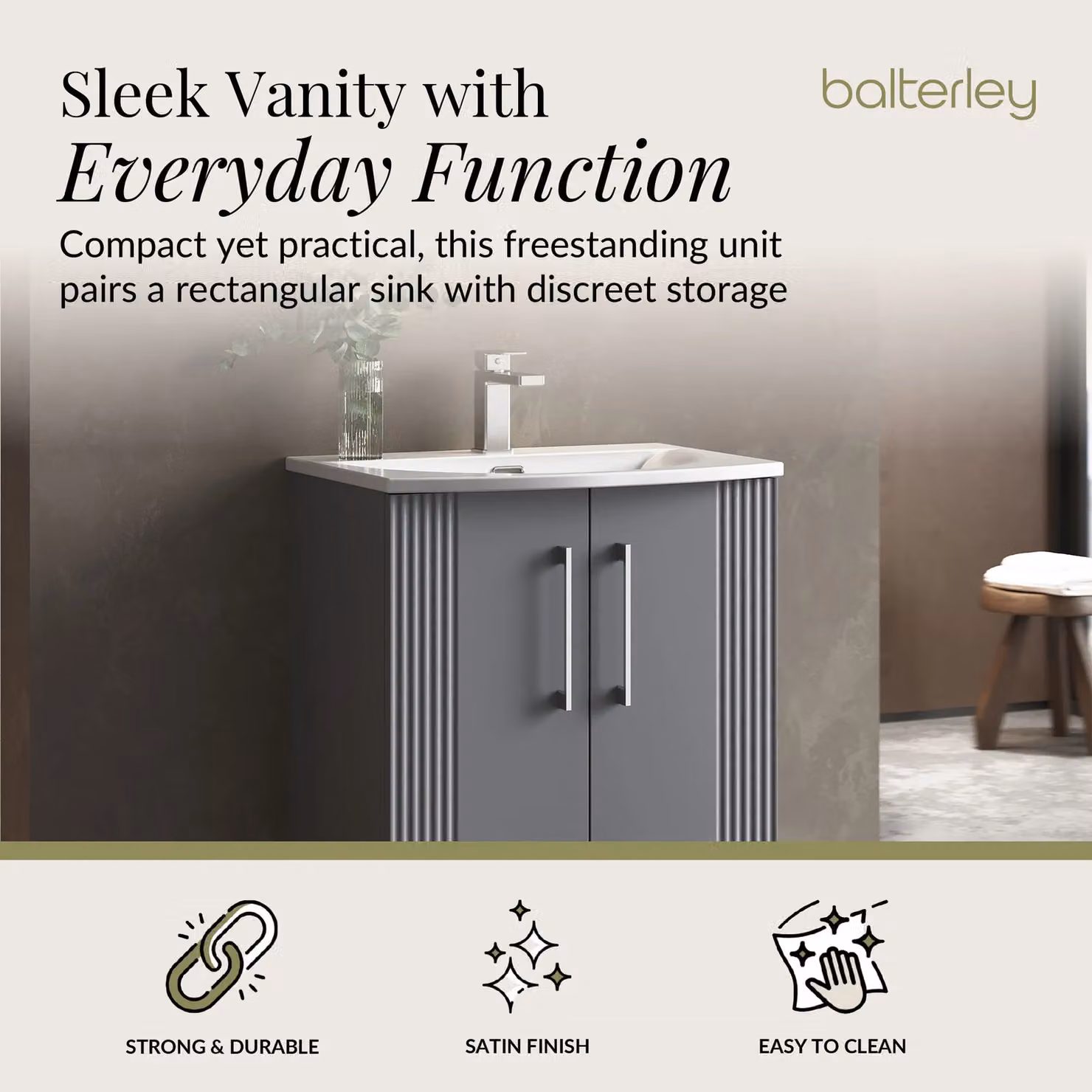 Balterley 2 Door Floor Standing Bathroom Vanity Unit in Matt Satin Grey – 2