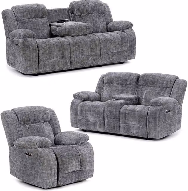 Furnishings For Less UK Unico Grey Fabric 3 Piece Reclining Sofa Suite with 3 Seater, 2 Seater and Armchair, USB Charging and Cup Holders