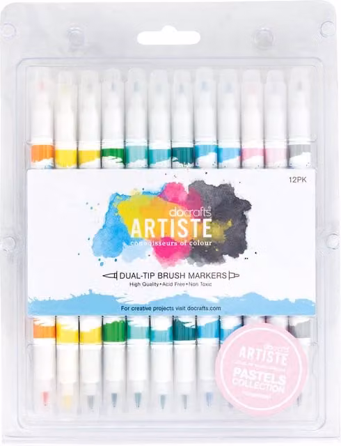 Artiste Pack of 12 Pastel Dual Tip Brush Ink Markers in Multicolour