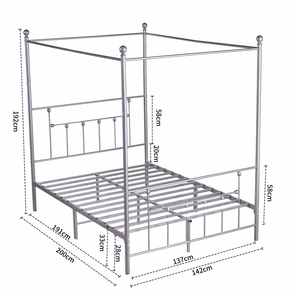 SquareBoxx Charlotte Double Four Poster Metal Bed Frame with Metal Slats in Silver, 140 x 200 cm – 2
