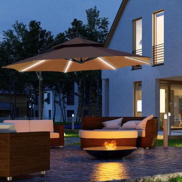 Chilli Seating 3 m Cantilever Banana Parasol with LED Solar Light in Brown