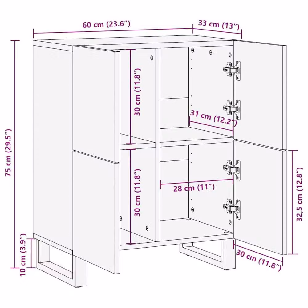 Berkfield Modern Mango Wood Home Media Storage Cabinet, Brown, W: 60 cm, D: 33.5 cm, H: 75 cm – 6