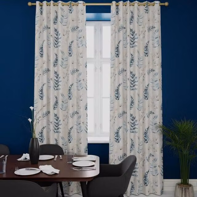 Terrys Bude Made to Measure Blackout Eyelet Fabric Panel Curtain in Blue Floral Satin