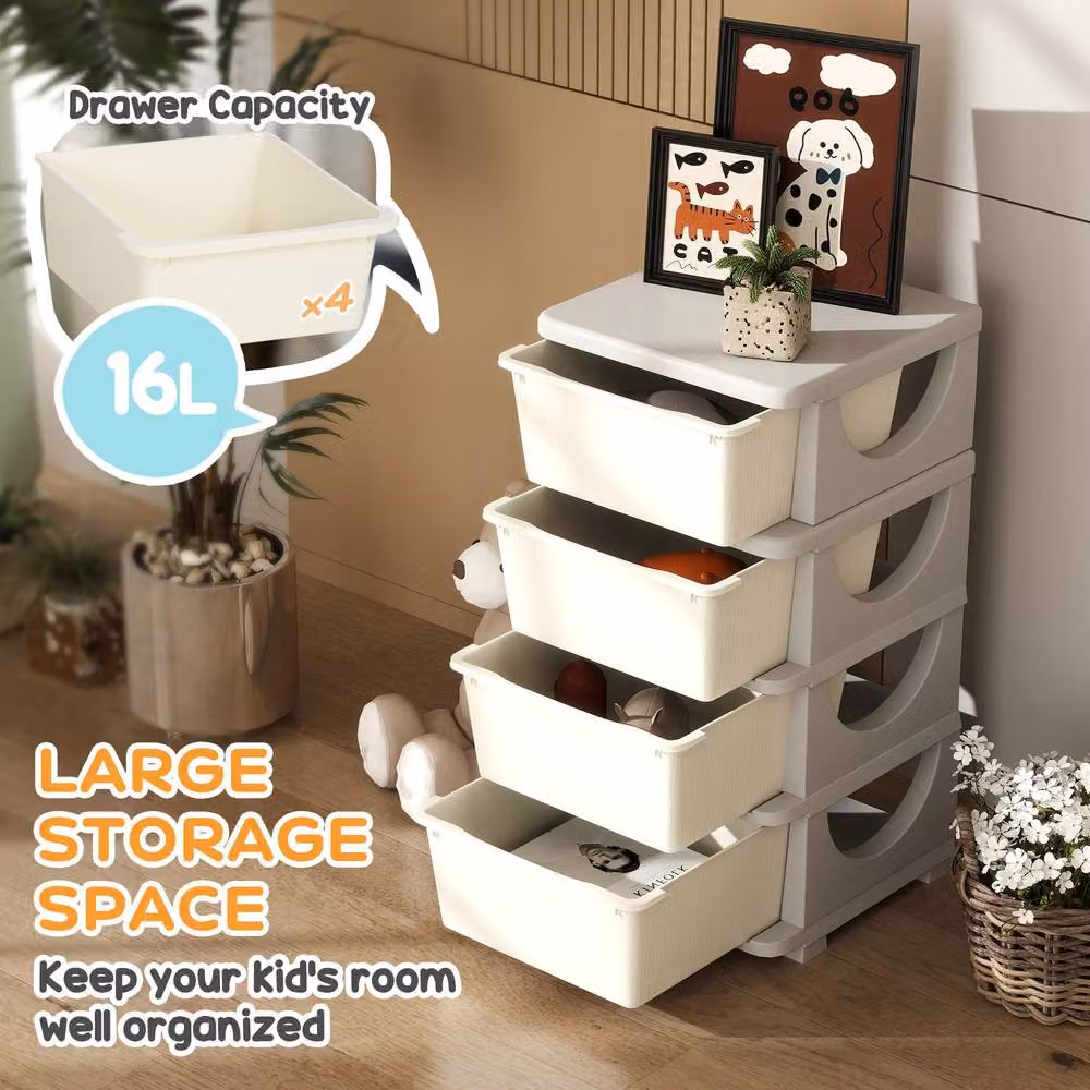 STILVORA 4-Tier Kids Storage Unit with 4 Drawers in Beige and White – 3