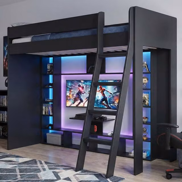 Noa and Nani Leo High Sleeper Cabin Bed with Gaming Den and Storage in Black and Grey