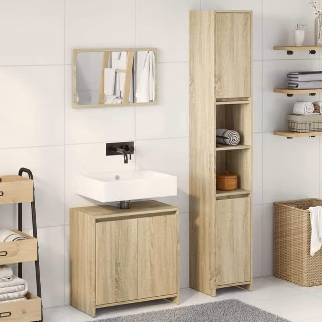 Berkfield Home Practical 3 Piece Bathroom Furniture Set in Sonoma Oak Light Brown, including Tall Cabinet, Mirror Cabinet and Vanity Unit