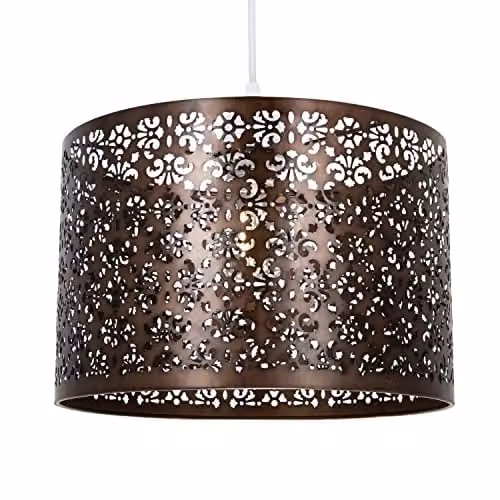 Happy Homewares Moroccan Designed Matt Bronze Metal Circular Pendant Light Shade with Floral Decor, Diameter: 29 cm – 1