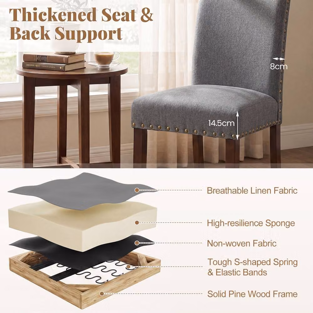 Costway Set of 2 Grey Upholstered High Back Dining Chairs with Rubberwood Legs – 7