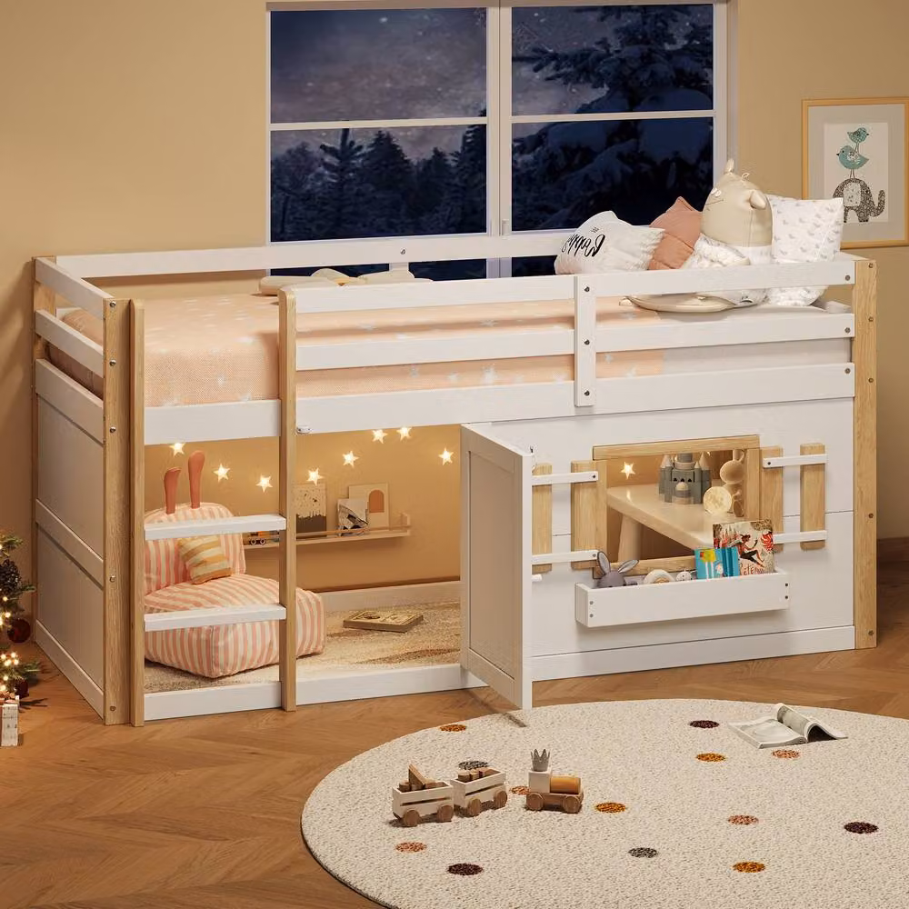 Merax White Mid Sleeper Cabin Bed Frame for Children with Play Area and Ladder, W/D/H: 190 x 90 x 120 cm – 3
