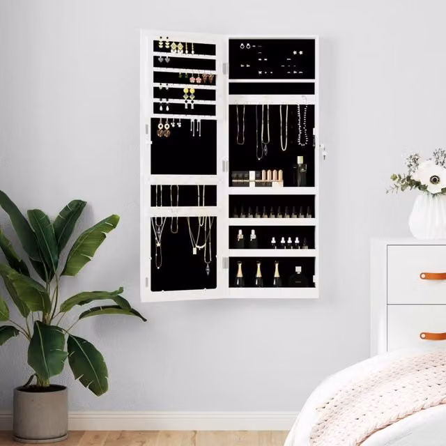 Berkfield Home Wall Mounted Mirror Jewellery Cabinet in White, W/D/H: 37.5 x 10 x 106 cm
