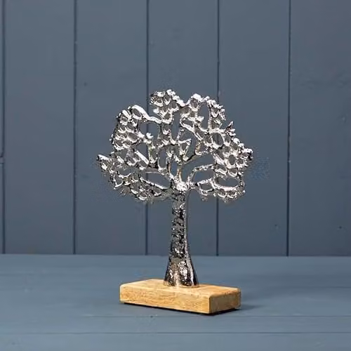 Four Candle Silver Tree of Life Ornament with Wooden Base, Height: 22 cm