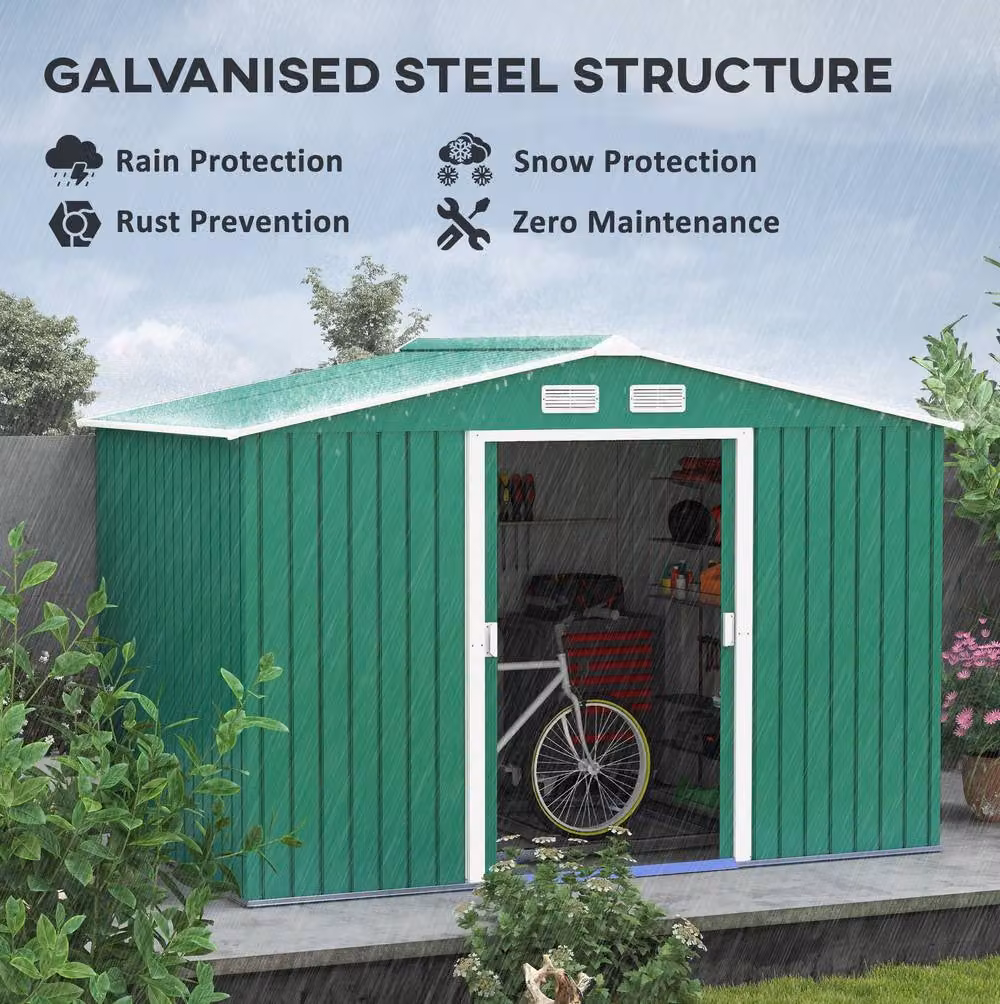 STILVORA Green Metal Pent Garden Shed with Lockable Double Doors, W/D/H: 274.32 x 183.0 x 192.0 cm – 4