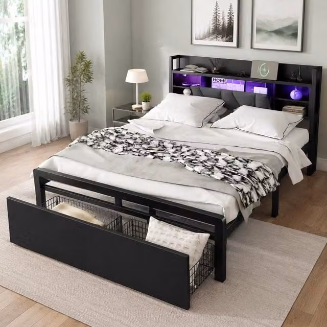 STILVORA Double Metal Bed in Black with Drawers, LED Lighting and USB Charging Port, W/D/H: 140 x 200 cm – 1