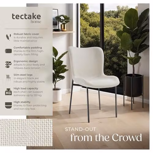 tectake Set of 6 Scandinavian Style Dining Chairs with Ergonomic High Backrest and Woven Fabric in White and Black – 2