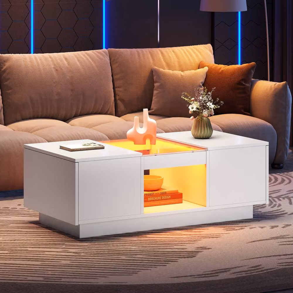 Matteo Modern White LED Coffee Table with Glass Top and Storage W/D/H: 50 x 50 x 35.5 cm – 2