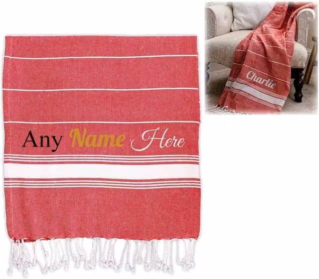 Uniqueful Personalised Red Turkish Style Cotton Towel, W/D/H: 170 x 90 x 1 cm