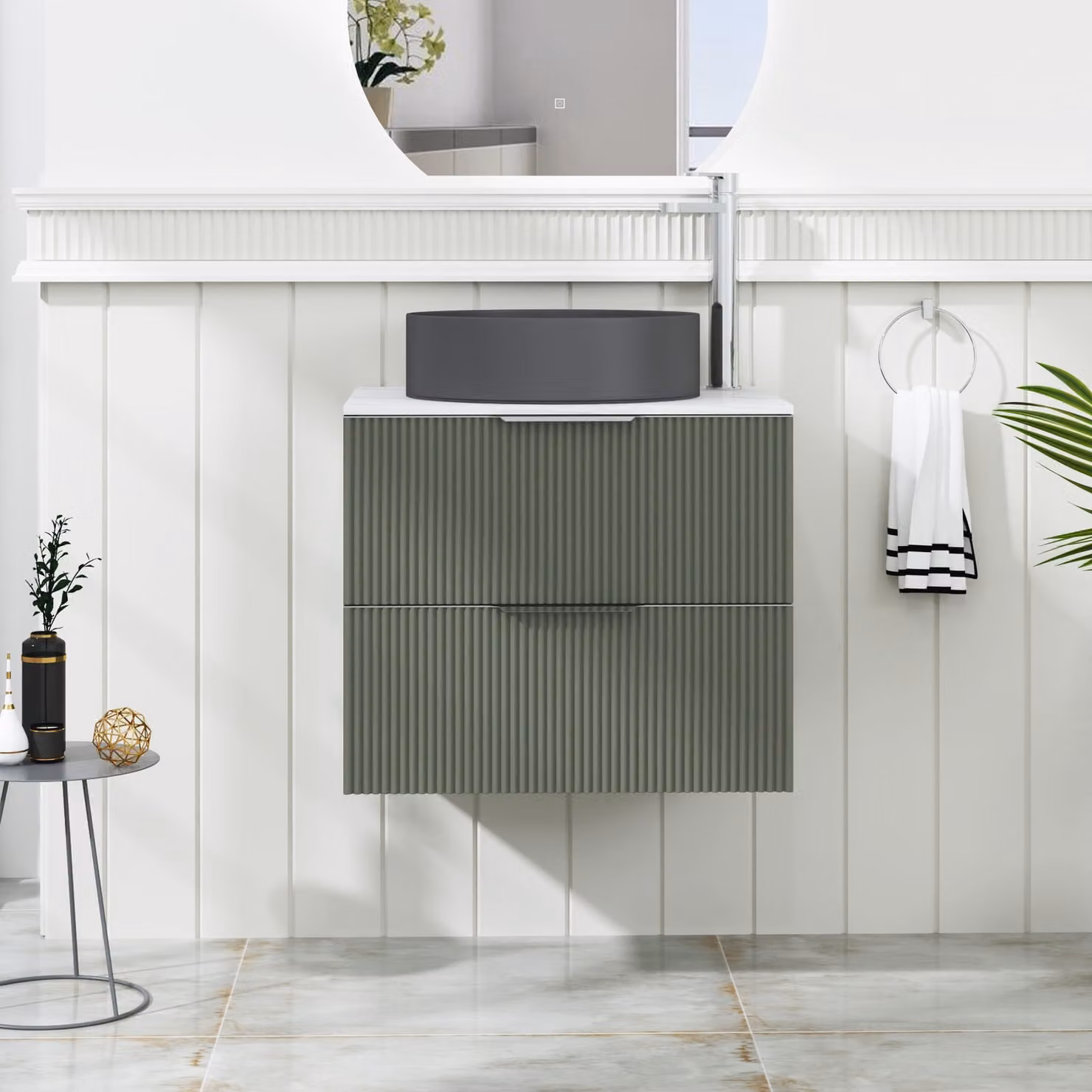 Royal Bathrooms Evora 600mm Sage Green Fluted Wall Hung 2 Drawer Vanity Unit with Art Round Basin