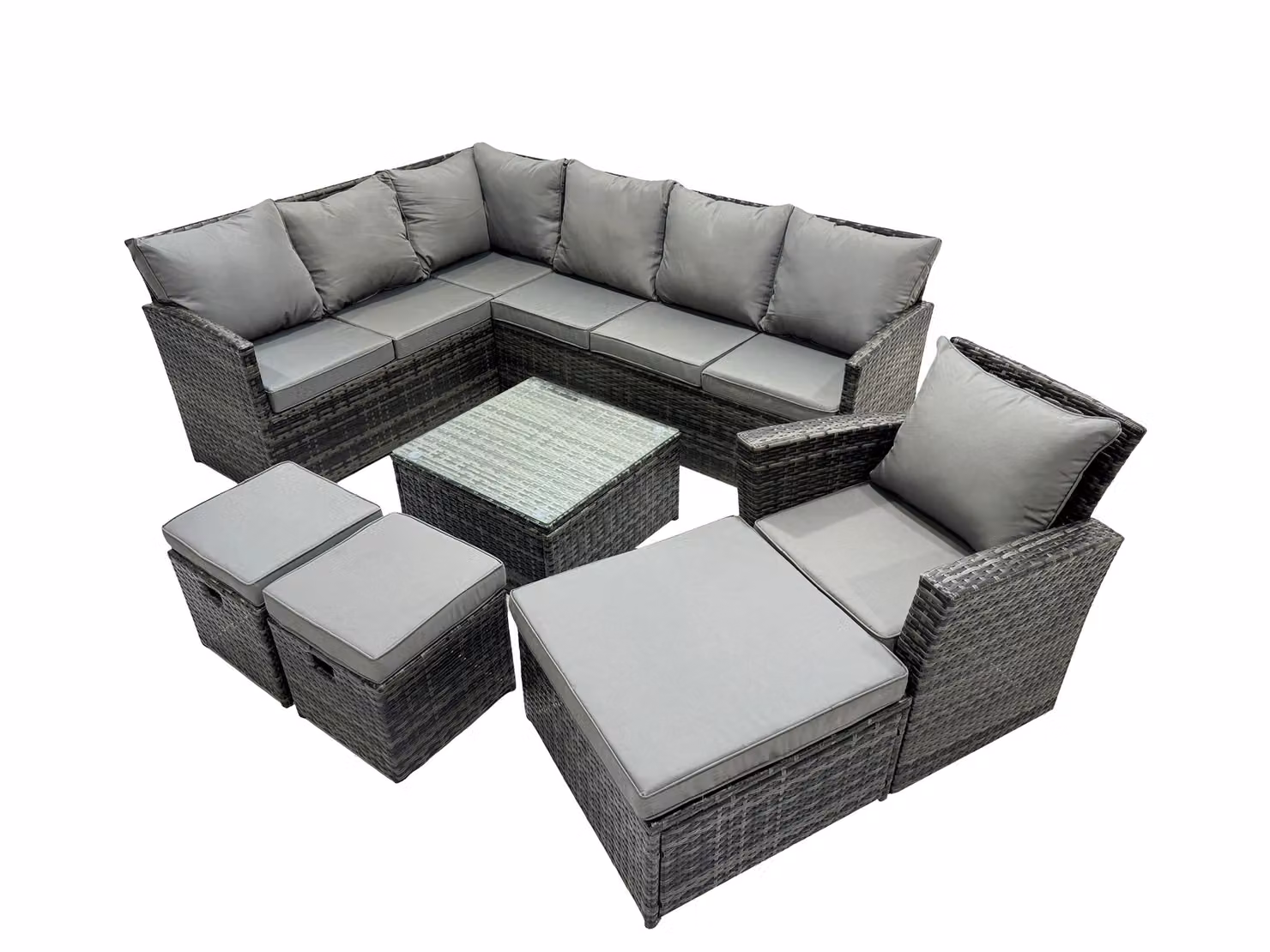 Fimous 10 Seat Outdoor Corner Sofa Set with Coffee Table and 3 Ottomans in Dark Grey – 2