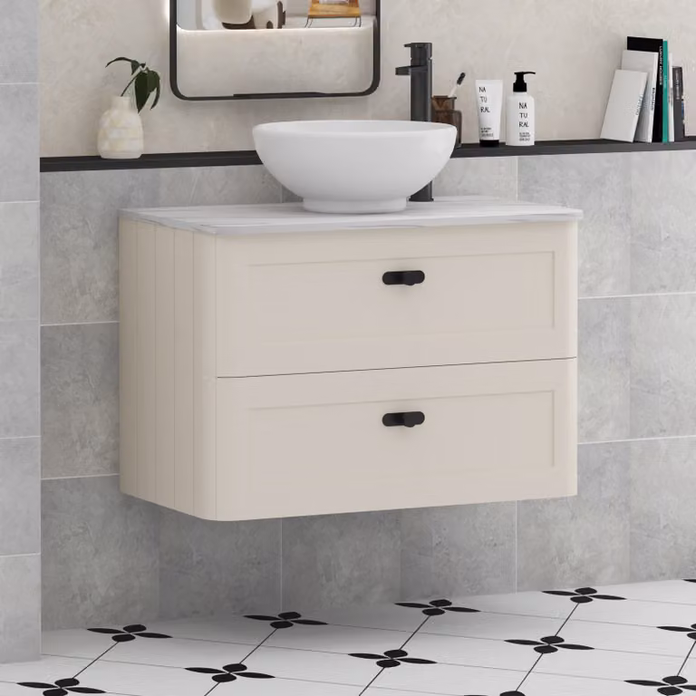 Royal Bathrooms Henley 800mm Wall Hung Vanity Unit in Mushroom Cashmere with Breeze Basin and Matt Black Knob