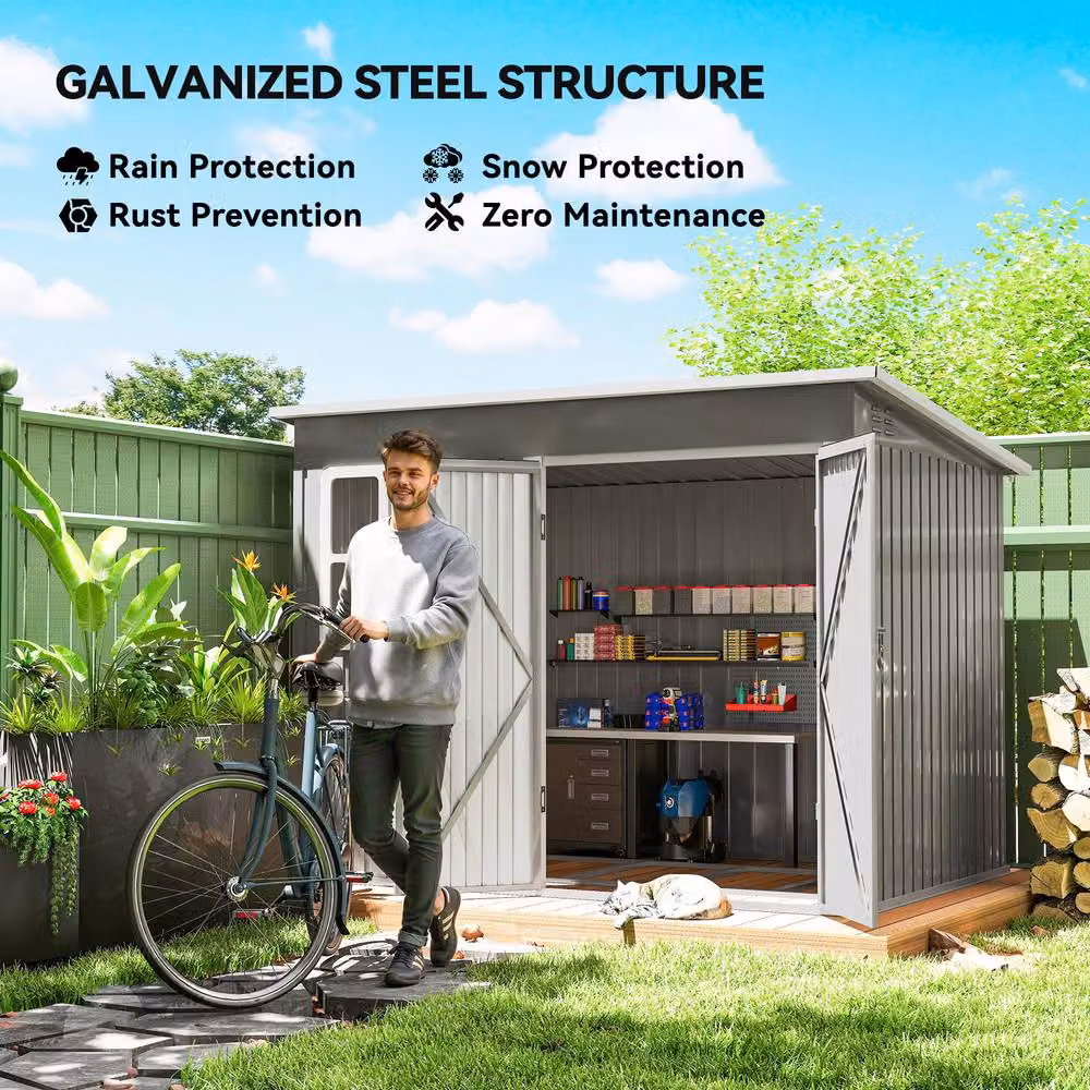 Rolipo Galvanised Metal Pent Shed with Foundation Kit and Window, Light Grey, W/D/H: 260 x 190 x 177 cm – 5