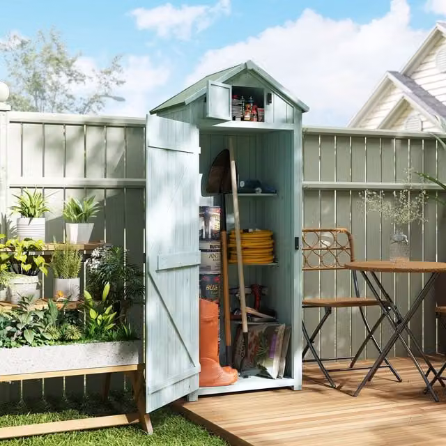 Outsunny Blue Wooden Garden Storage Shed Tall Cabinet with Shelving, W/D/H: 77 x 54 x 179 cm – 2