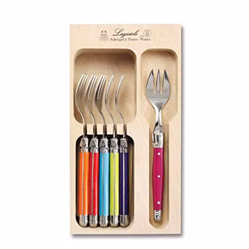 Laguiole 6-Piece Multicolour Cake Fork Set in Polished Stainless Steel and Wood