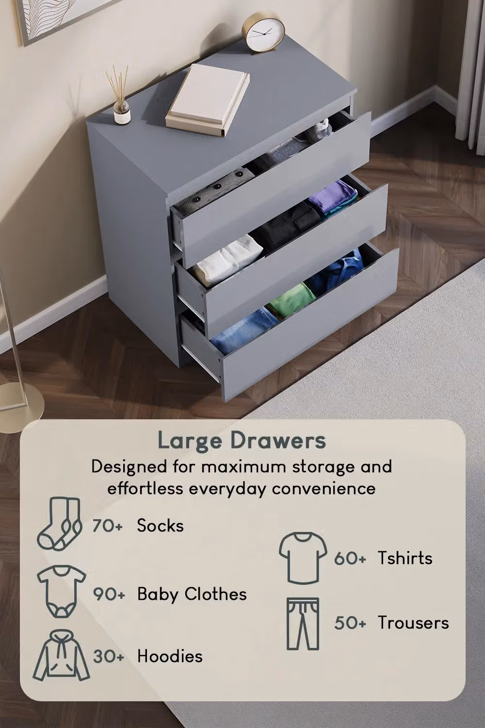 Vida Designs Glinton High Gloss 3 Drawer Chest of Drawers in Grey – 2