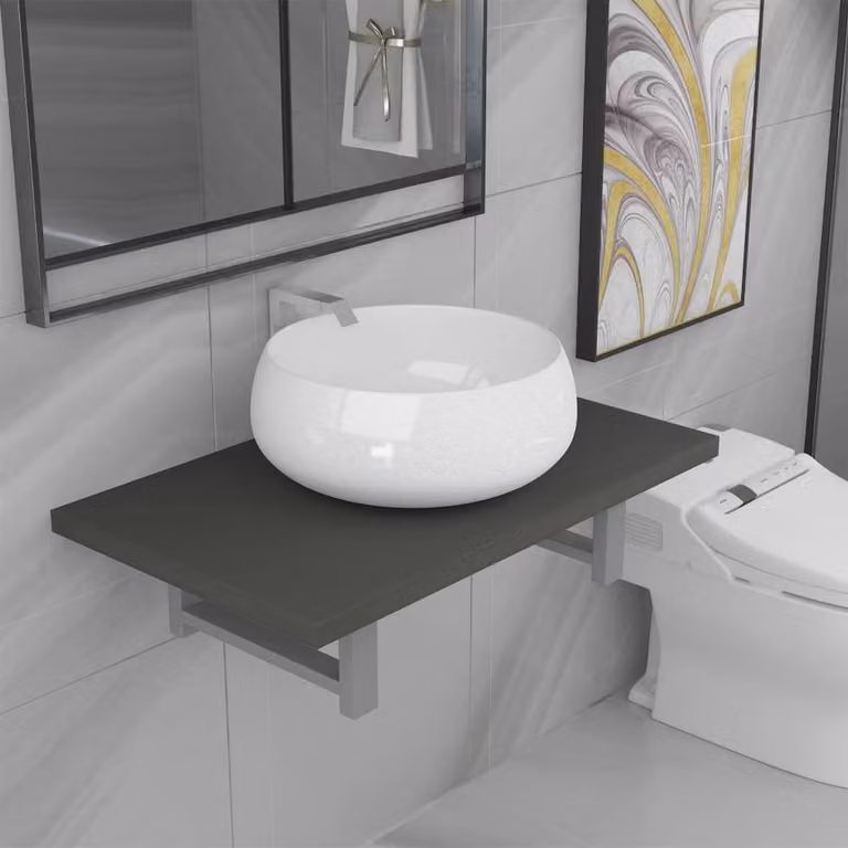Berkfield Home Two Piece Wall Mounted Bathroom Furniture Set in Grey and White Ceramic