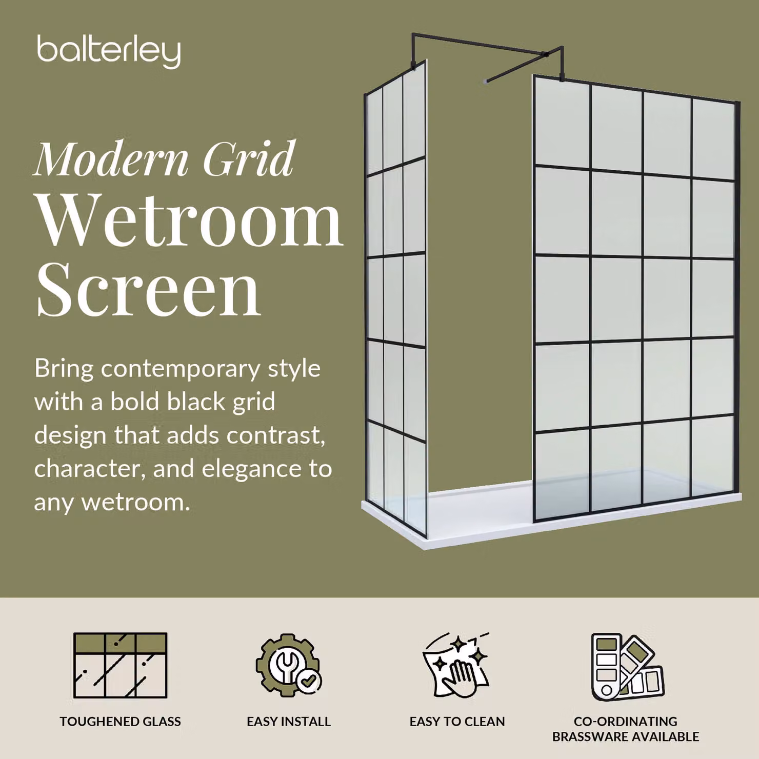 Balterley Walk-In Glass Wetroom Screen and Tray Set, Black, W: 1700 mm, D: 800 mm, Glass Thickness: 8 mm – 2