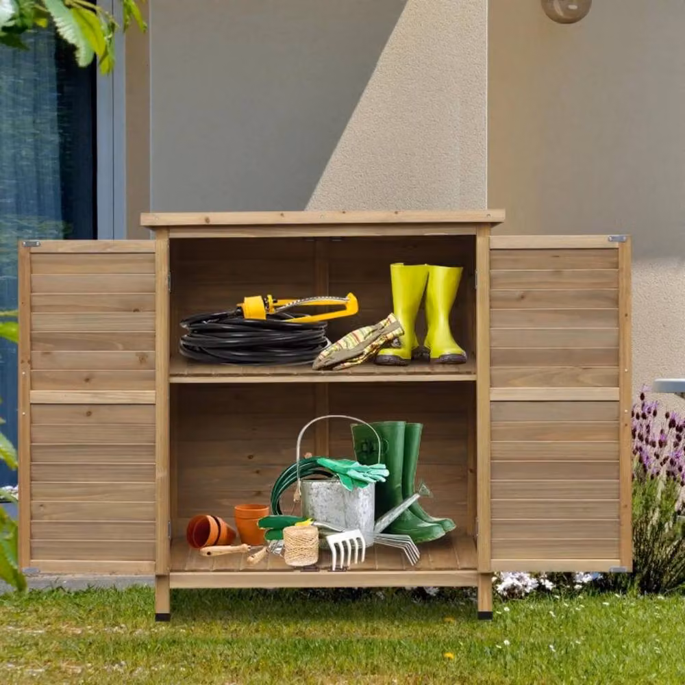 Hinsinc Small Wooden Outdoor Garden Storage Shed in Brown with Pent Roof and Double Doors, W/D/H: 96.5 x 87.0 x 46.5 cm – 4