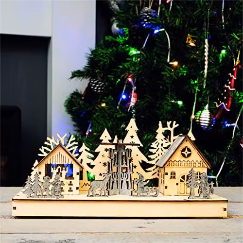 St Helens Home & Garden Battery Powered Wooden Light Up Festive Christmas Scene in Beige – 2
