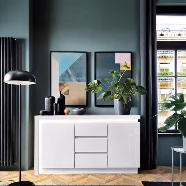 Furniture To Go Lyon Modern 2-Door 3-Drawer Sideboard in White Glossy MDF with Integrated Lighting