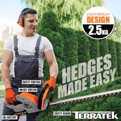 Terratek 20V Cordless Reciprocating Hedge Trimmer with 51cm Blade, Rechargeable Battery and Quick Charger in Orange and Grey – 4