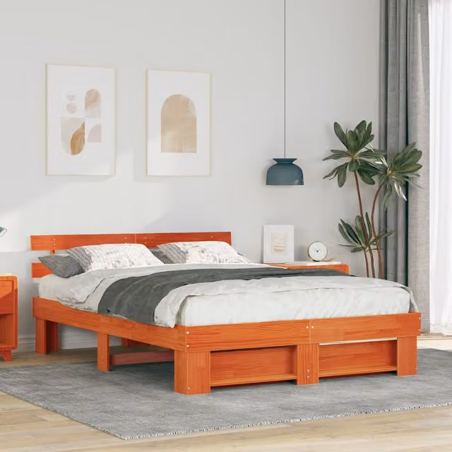 Berkfield Home Solid Pine Wood Bed Frame with Headboard in Brown, W: 150 cm, L: 200 cm