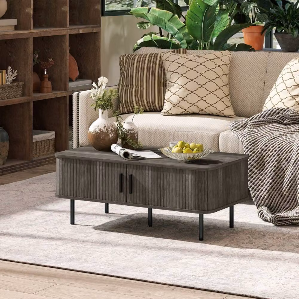 STILVORA Mid-Century Rectangular Coffee Table with Sliding Tambour Doors in Grey, Width: 100 cm – 2