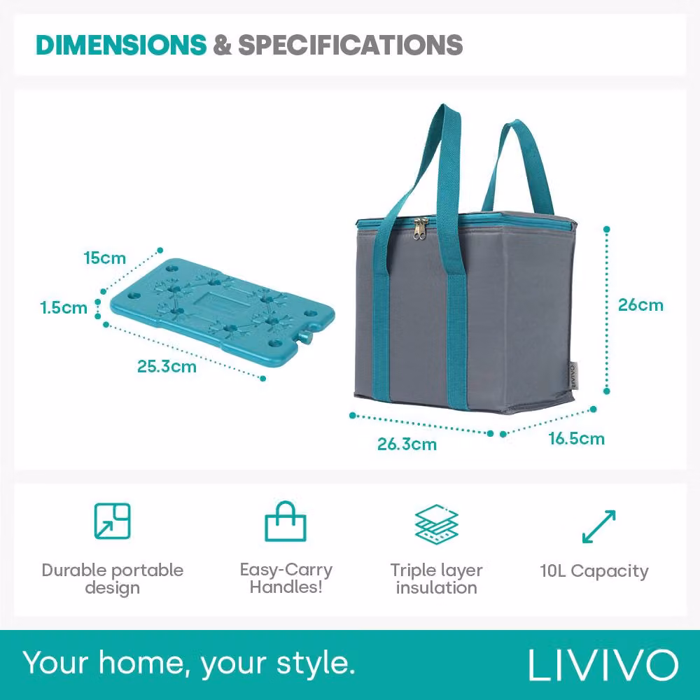 LIVIVO 10L Insulated Cooler Bag with Freezer Block in Grey – 6