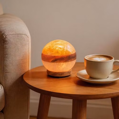 Myga Himalayan Dual Illumination Salt Lamp, Orange Sphere with Wood Base – 3