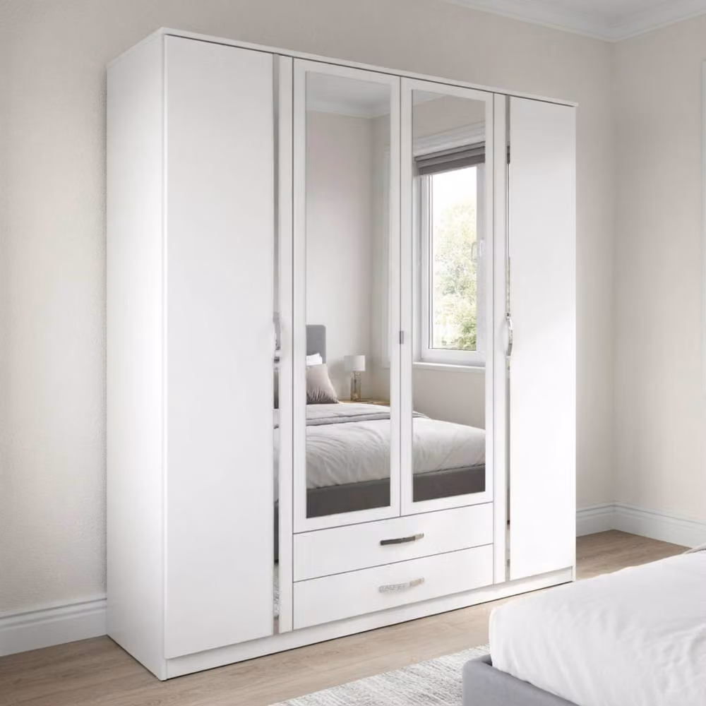 KDMD Duo 4 Door Glossy White Wardrobe with Mirrors and 2 Integrated Drawers – 2