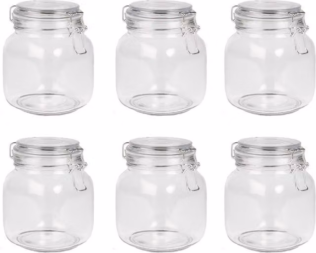 Maison & White Set of 6 Leakproof Glass Storage Jars with Clip Top Lids, 1 l each, Transparent