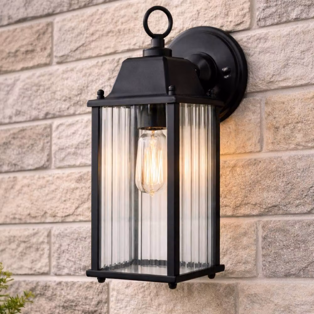 CGC Lighting Santiago Black Coach Lantern Wall Light with Transparent Ribbed Glass – 3