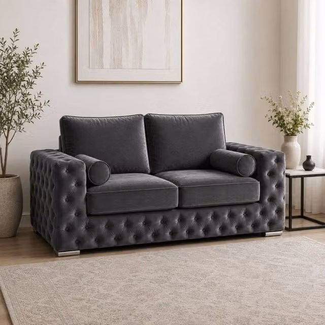 Stratus Interiors Ashley Tufted Chesterfield 2 Seater Fabric Living Room Sofa in Grey, W: 177.8 cm, D: 76.0 cm, H: 67.0 cm