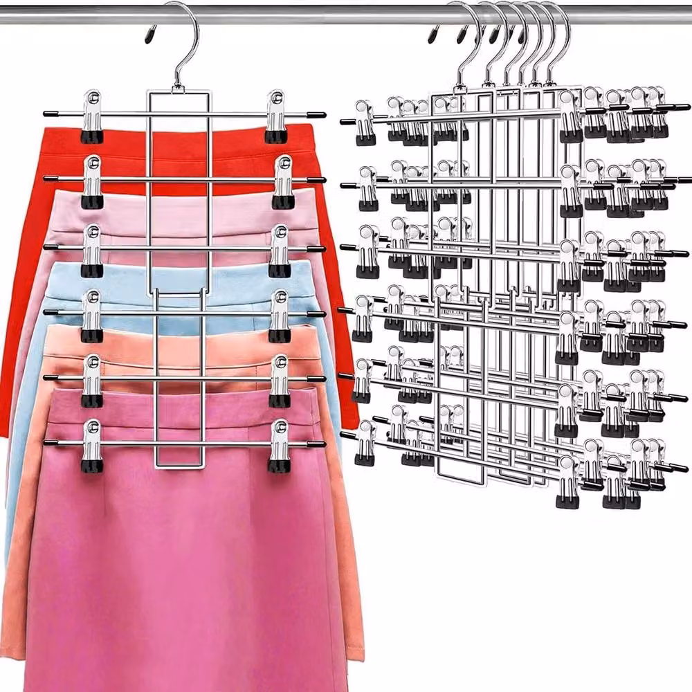 EONLION 2 Pack Space Saving Silver Metal Trouser and Skirt Hangers with Non-Slip Clips and Bar – 2