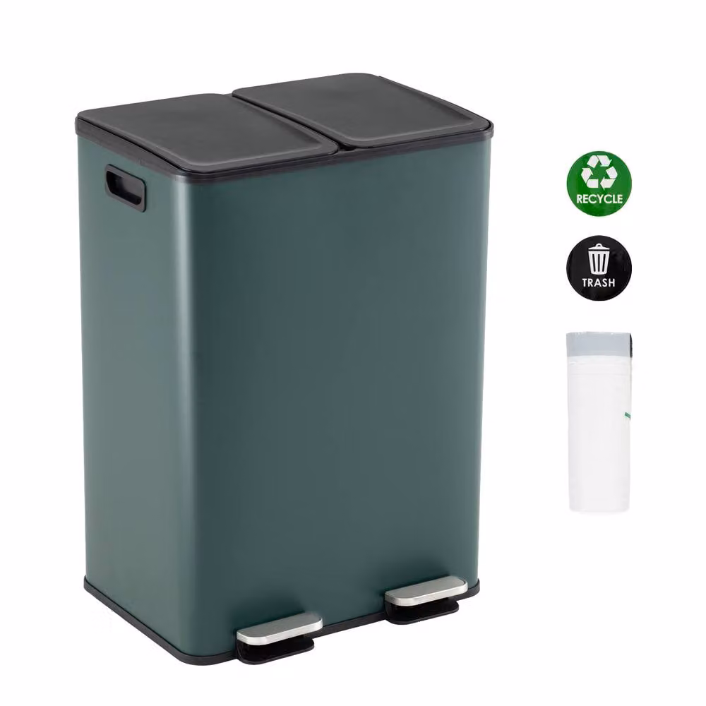 Costway 60L Dual Compartment Pedal Trash Bin with Soft Close and Fingerprint Proof Stainless Steel in Green – 10